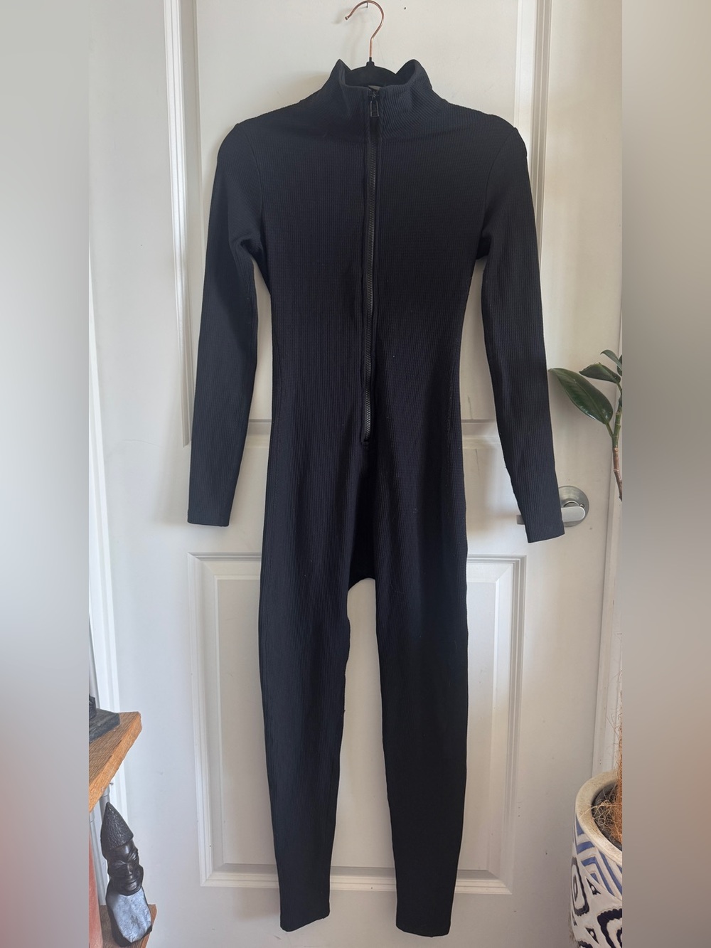 Black Ribbed Long-Sleeve Zipper Jumpsuit